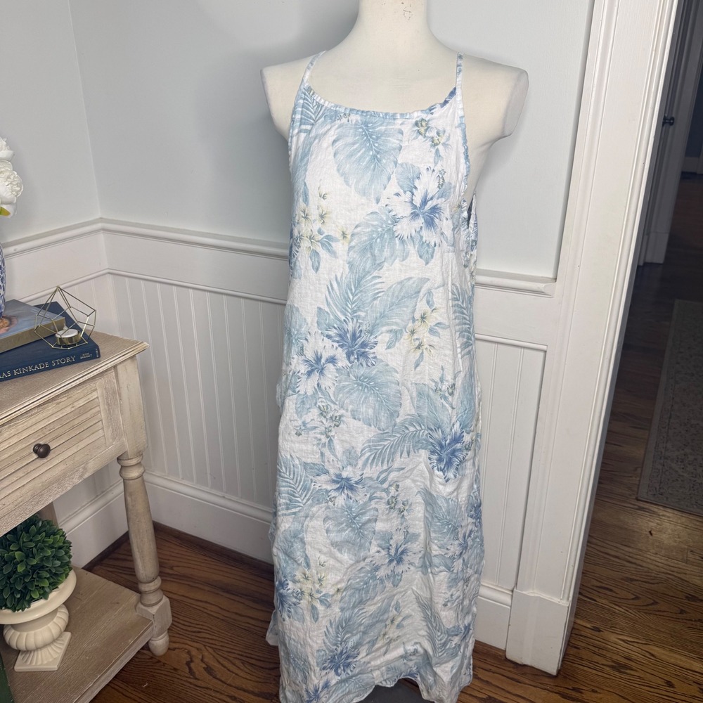 Lungo L'Arno Italy 100% Linen Tropical Floral High Neck Midi Dress Blue White M